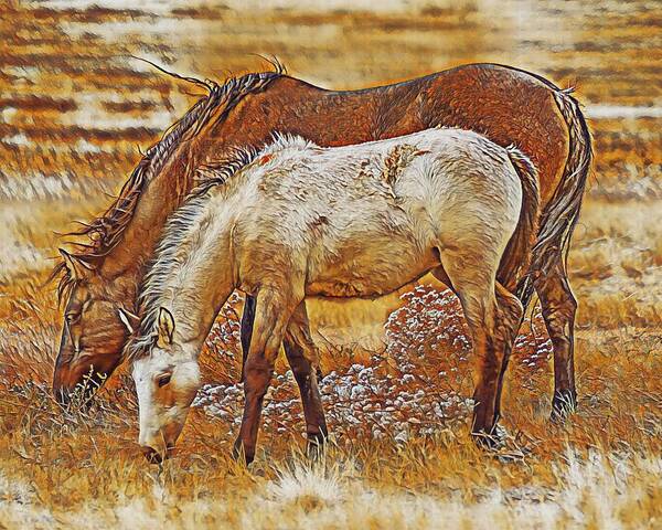Stallions Art Print featuring the digital art Mother and Child by Jerry Cahill