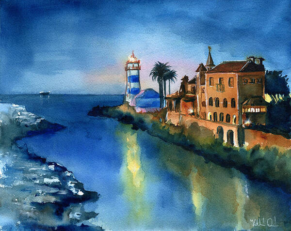 Portugal Art Print featuring the painting Nightfall in Cascais Portugal by Dora Hathazi Mendes