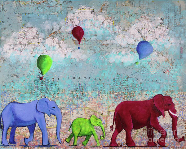 Elephant Art Print featuring the mixed media Oh The Places You'll Go by Lisa Crisman