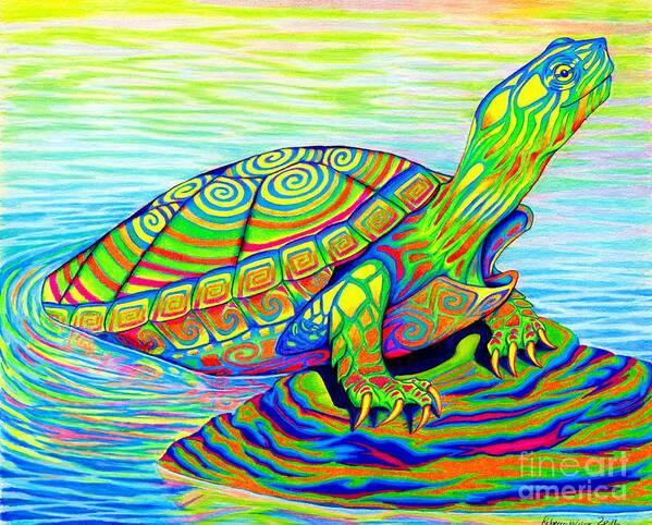 Turtle Art Print featuring the drawing Psychedelic Neon Rainbow Painted Turtle by Rebecca Wang