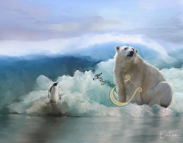 Polar Bears Art Print featuring the mixed media Polar Bears Play the Lyre by Colleen Taylor