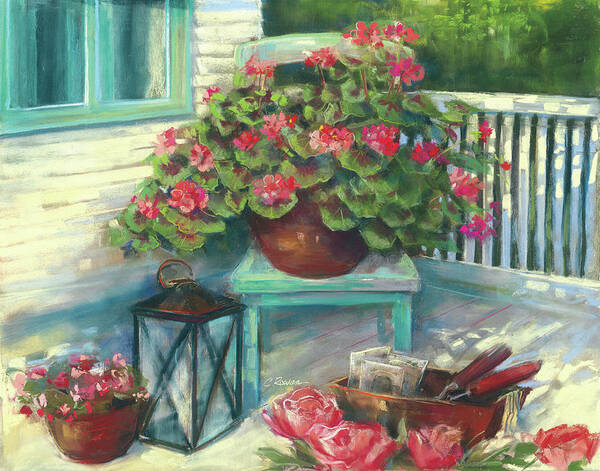 Blue Art Print featuring the painting Porch Geraniums Crop by Carol Rowan