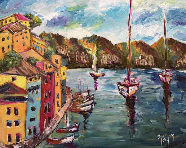 Portofino Art Print featuring the painting Portofino Harbor by Roxy Rich