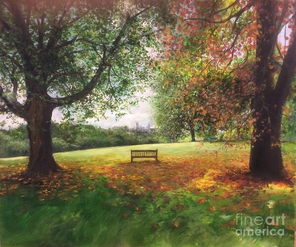 Lizzy Forrester Art Print featuring the painting Primrose Hill On An Autumn Day London In The Distance by Lizzy Forrester