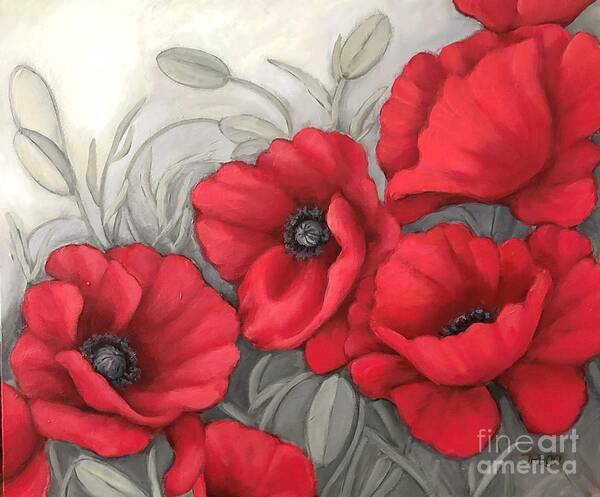 Poppy Art Print featuring the painting Red poppies on grey by Inese Poga