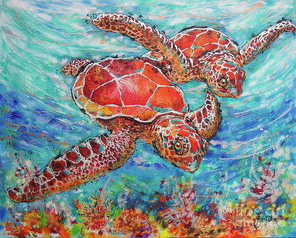 Marine Turtles Art Print featuring the painting Sea Turtles on Coral Reef by Jyotika Shroff