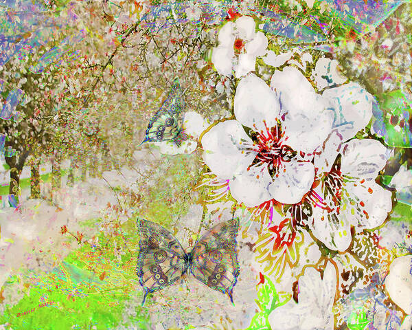 Spring Blossoms Art Print featuring the mixed media Spring Blossoms and Butterflies by Bonnie Marie
