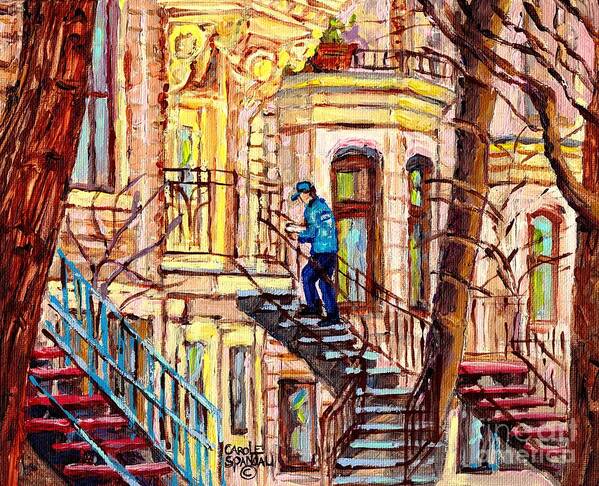Montreal Art Print featuring the painting Staircase Street Scene Montreal Winding Staircases C Spandau The Mailman Plateau To Verdun Steps Art by Carole Spandau