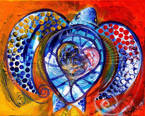 Sea Art Print featuring the painting Sun Turtle, Sun Love, 2 by J Vincent Scarpace
