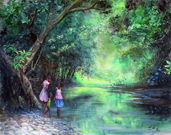 Caribbean Art Art Print featuring the painting Three Children by the River by Jonathan Gladding