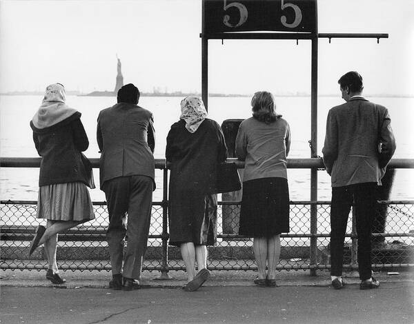 Battery Park Art Print featuring the photograph Three Women And Two Men Face Away From by The New York Historical Society