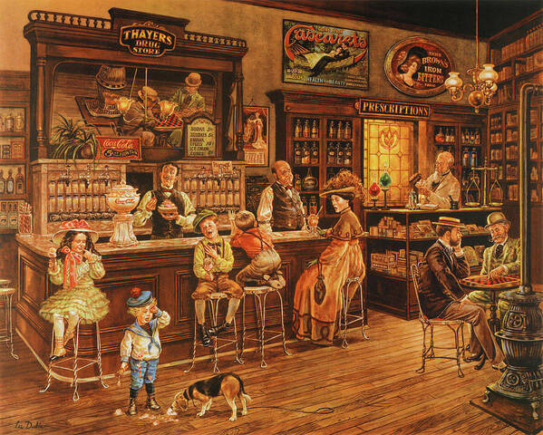 The Drug Store A Art Print featuring the painting Turn Of The Century Drug Store by Lee Dubin