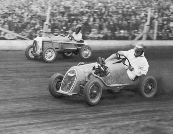 People Art Print featuring the photograph Two Men Racing Midget Cars B&w by Fpg