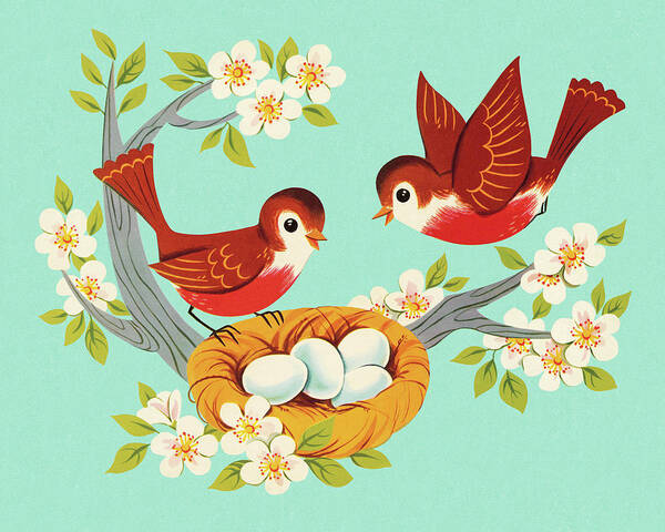 Animal Art Print featuring the drawing Two Robins and A Nest by CSA Images