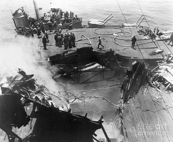 Crowd Of People Art Print featuring the photograph Uss Bunker Hill Carrier Damage by Bettmann