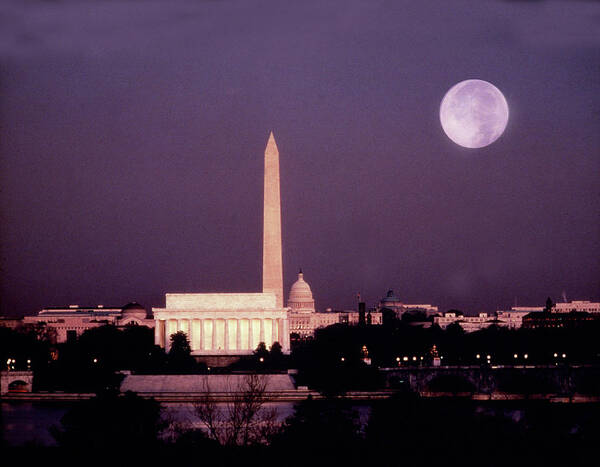 Washington Monument Art Print featuring the photograph Washington With A Full Moon by Lyle Leduc