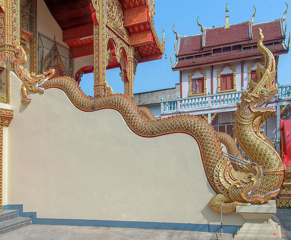 Scenic Art Print featuring the photograph Wat Chai Mongkon Phra Ubosot Makara and Naga Guardian DTHLU0396 by Gerry Gantt