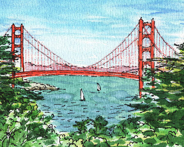 Golden Gate Art Print featuring the painting Watercolor Landscape With Golden Gate Bridge by Irina Sztukowski