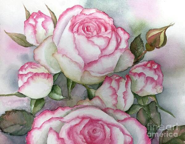 Rose Art Print featuring the painting White and pink roses by Inese Poga