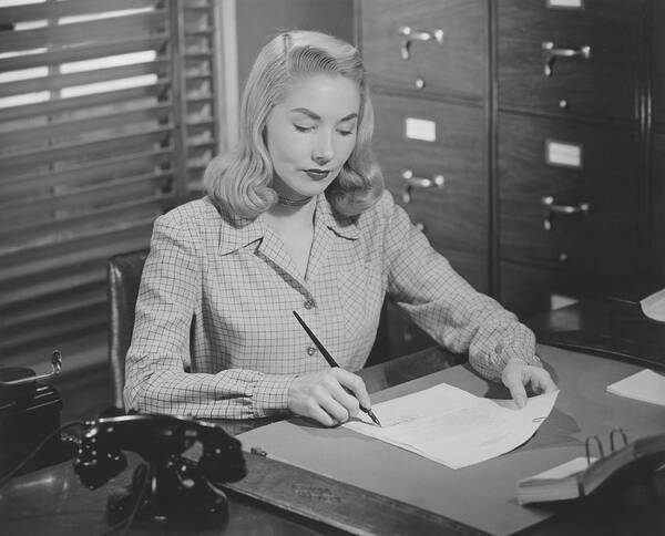 Corporate Business Art Print featuring the photograph Woman Sitting At Desk, Writing Letter by George Marks