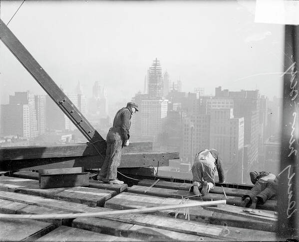 Looking Art Print featuring the photograph Workers Stand Atop A Construction Site by Chicago History Museum