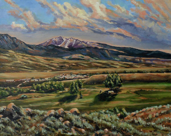 Western Landscape Art Print featuring the painting Gardiner and Electric Peak From Scotty's Place by Les Herman