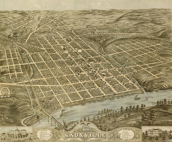 Birds-eye Art Print featuring the drawing Knoxville, Tennessee 1871 #1 by Vintage Places