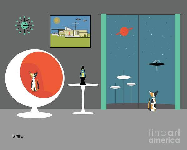 Mid Century Modern Art Print featuring the digital art Mid Century Cat Spies Flying Saucer by Donna Mibus