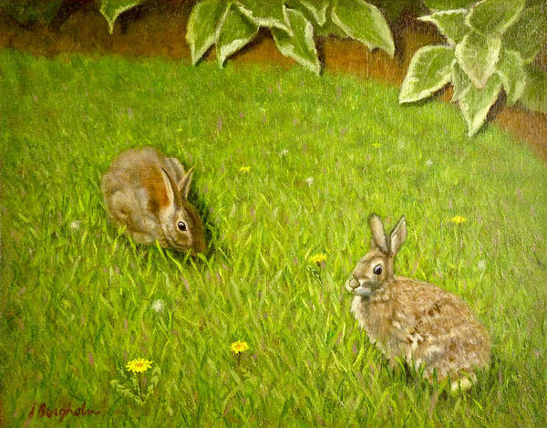 Rabbits Art Print featuring the painting In a Corner of my Garden by Joe Bergholm