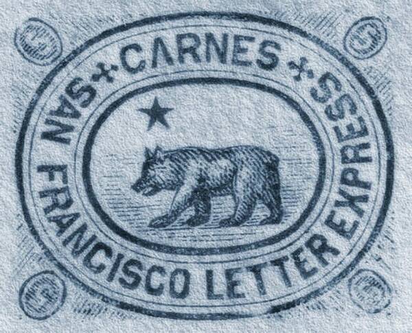 Dispatch Art Print featuring the digital art 1865 Carnes - City Letter Express, San Francisco - 5cts. Deep Blue - Mail Art Post by Fred Larucci
