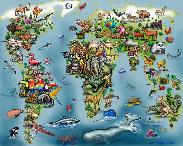 Animal Art Print featuring the digital art Animals World Map #2 by Kevin Middleton