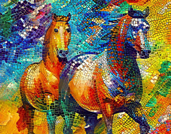Horse Walking Art Print featuring the digital art A couple of horses walking - colorful mosaic by Nicko Prints