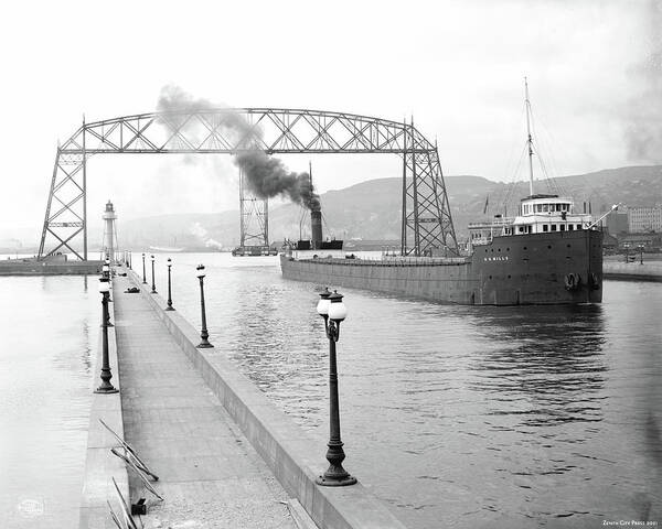 Duluth Art Print featuring the photograph Aerial Transfer Bridge and Ore Boat by Detroit Publishing Co