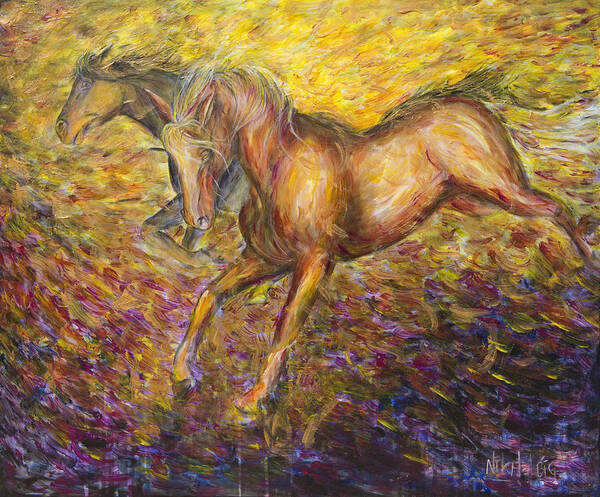 Horses Art Print featuring the painting Against The Wind II by Nik Helbig