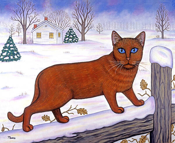 Cat Art Print featuring the painting Amber on White by Linda Mears
