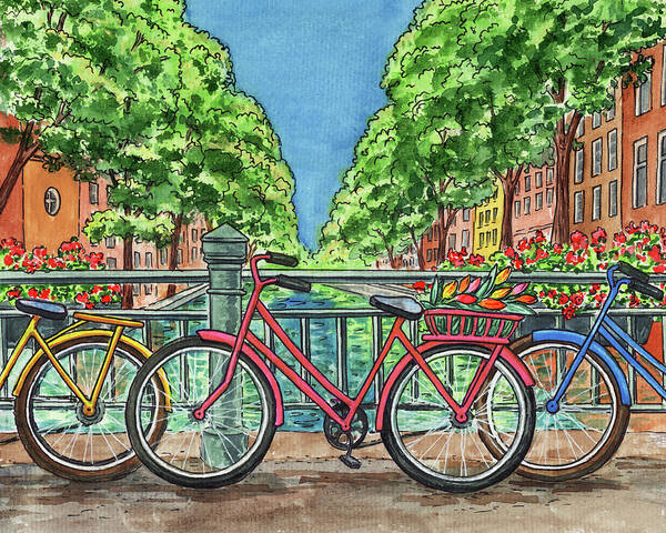 Amsterdam Art Print featuring the painting Amsterdam Colorful Bicycles On The Bridge Netherlands Watercolor by Irina Sztukowski