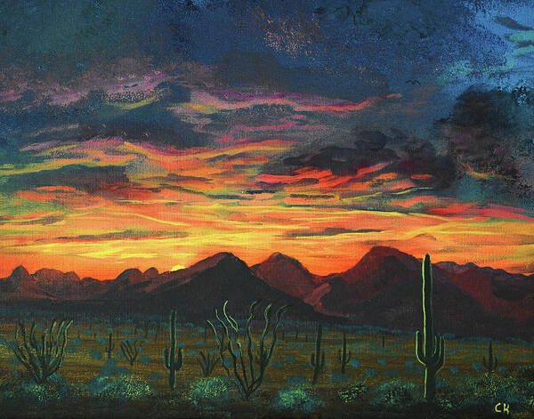 Tucson Art Print featuring the painting Arizona Sunset over Tucson Mountains by Chance Kafka