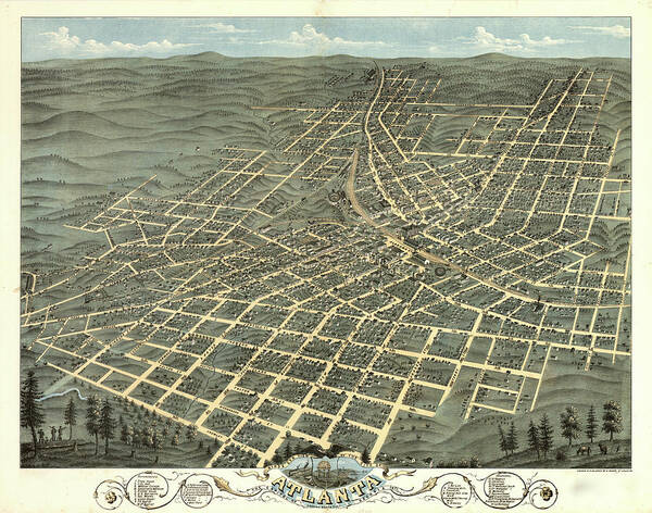 Birds-eye Art Print featuring the drawing Atlanta, Georgia 1871 by Vintage Places