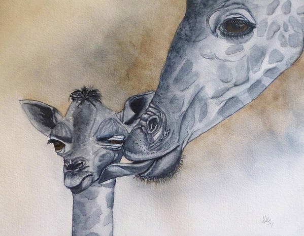 Giraffes Art Print featuring the painting Baby Giraffe and Mama by Kelly Mills