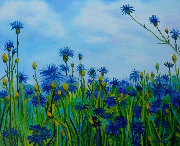 Cornflower Art Print featuring the painting Batchelor Button Blue by Julie Brugh Riffey
