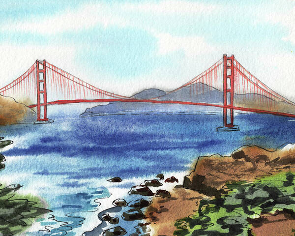 Bridge Art Print featuring the painting Beautiful Golden Gate Bridge San Francisco Bay Watercolor by Irina Sztukowski
