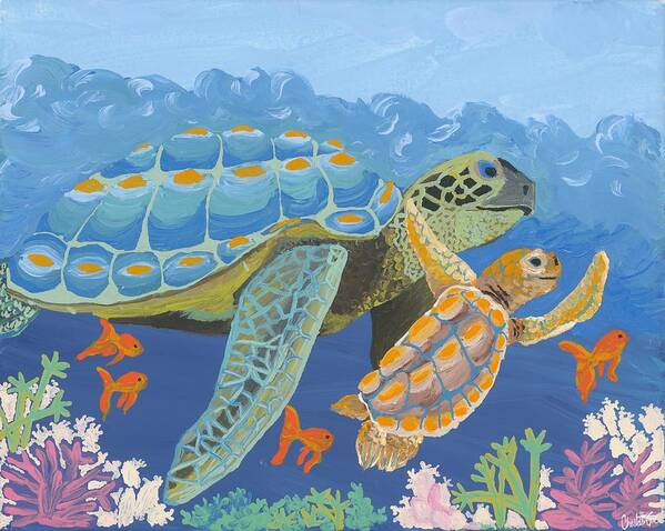 Turtles Swimming Art Print featuring the painting Big Turtle Little Turtle by Charlotte Gac
