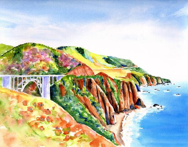 Bridge Art Print featuring the painting Bixby Bridge Big Sur California 4 by Carlin Blahnik CarlinArtWatercolor