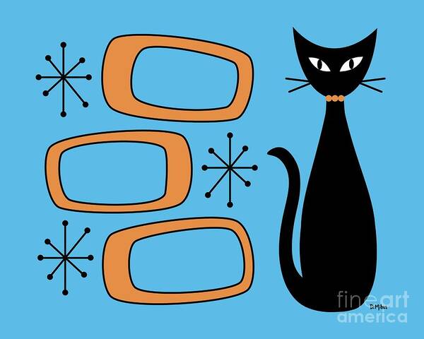 Mid Century Cat Art Print featuring the digital art Black Cat with Mod Oblongs Blue by Donna Mibus