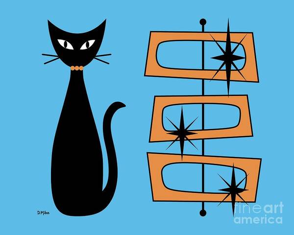 Mid Century Cat Art Print featuring the digital art Black Cat with Mod Rectangles Blue by Donna Mibus