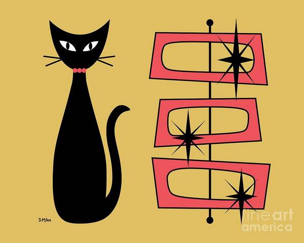 Mid Century Cat Art Print featuring the digital art Black Cat with Mod Rectangles Yellow by Donna Mibus