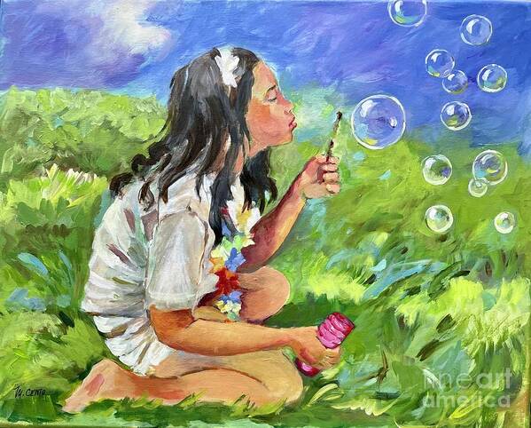 Young Child Art Print featuring the painting Blowing Bubbles by Mafalda Cento