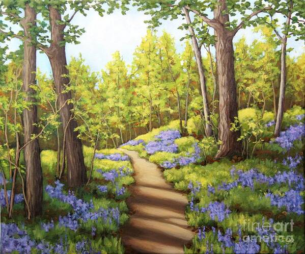 Blue Bells Art Print featuring the painting Blue bell forest path by Inese Poga