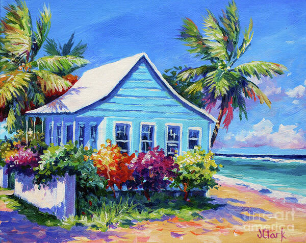 Art Art Print featuring the painting Blue Cottage on the Beach by John Clark