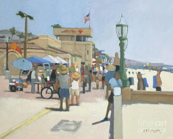 Mission Beach Art Print featuring the painting Boardwalk Activity by the Mission Beach Lifeguard Tower - San Diego, California by Paul Strahm